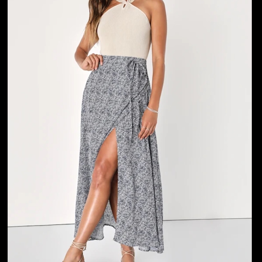 Beautiful Tempest Navy Blue Print Wrap Maxi Skirt - small - Lulus NWT